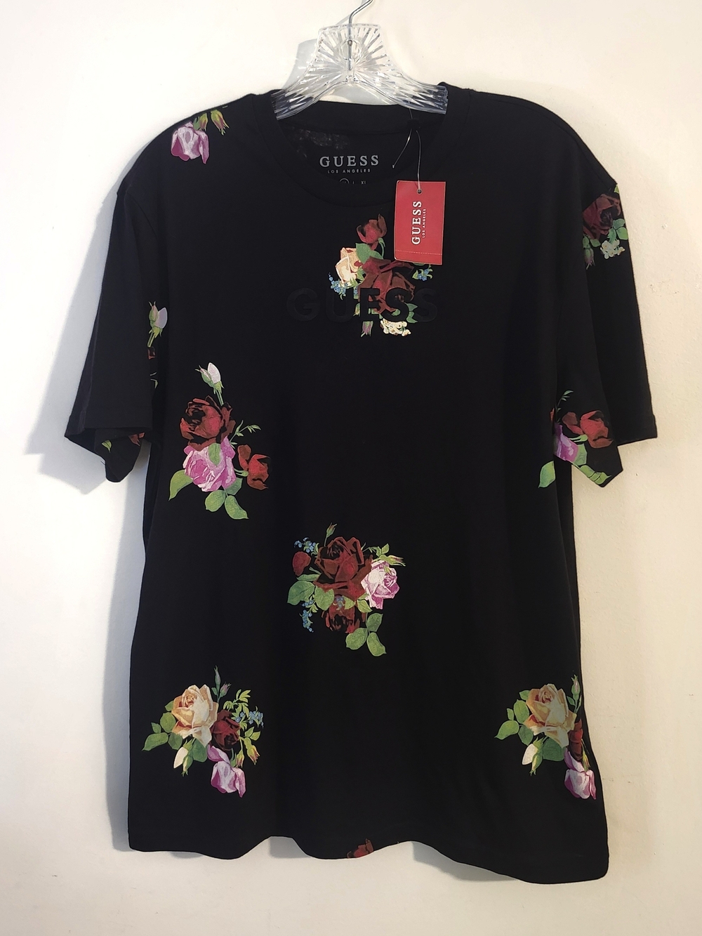 GUESS Black Floral Short Sleeve Tee with Multicolor Roses